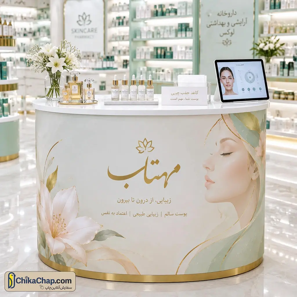 میز مشاوره پوستی داروخانه و پیشخوان تست لوازم آرایشی با طراحی شکیل و چاپ باکیفیت